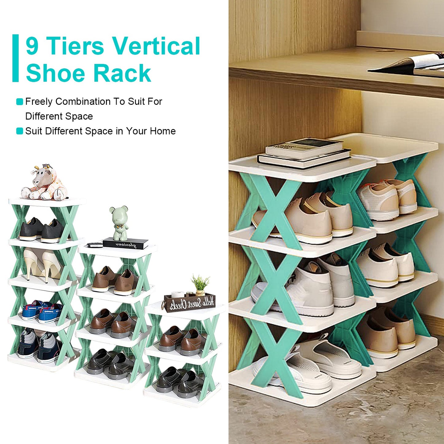 9-Tier Narrow Entryway Shoe Rack – Vertical Plastic Shoe Organizer, Space-Saving Free-Standing Shelf