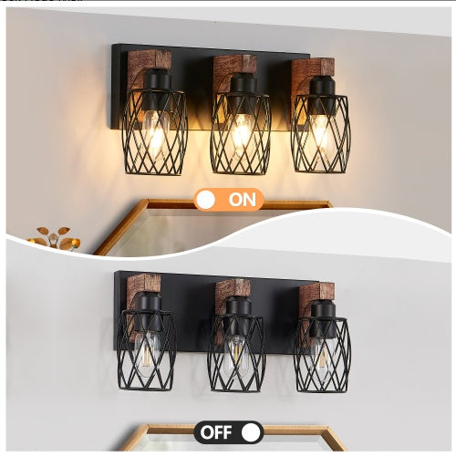 18-Inch Industrial 3-Light Wall Sconce Black Cage Wooden Accents