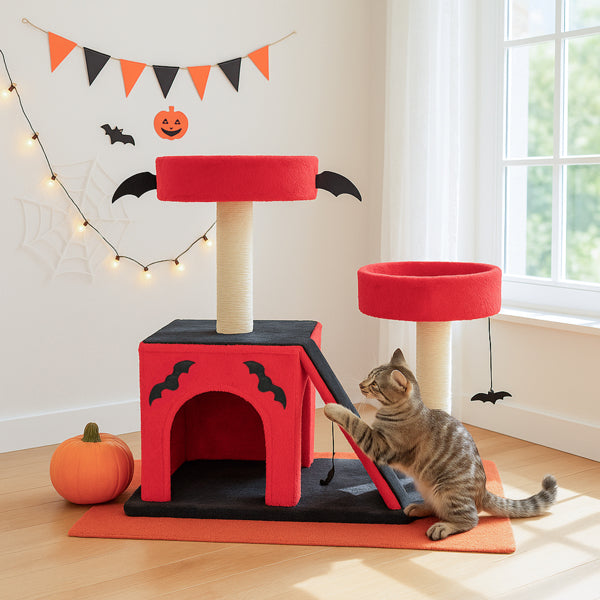 Halloween Cat Tree for Large Cats – Gothic Cat Tower with Condo, Perches, Scratching Posts & Ladder (Red & Black)