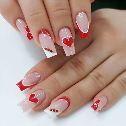 24PCS Red & White Heart Long Square False Nail Tips – Full Cover Acrylic/Fake Nails