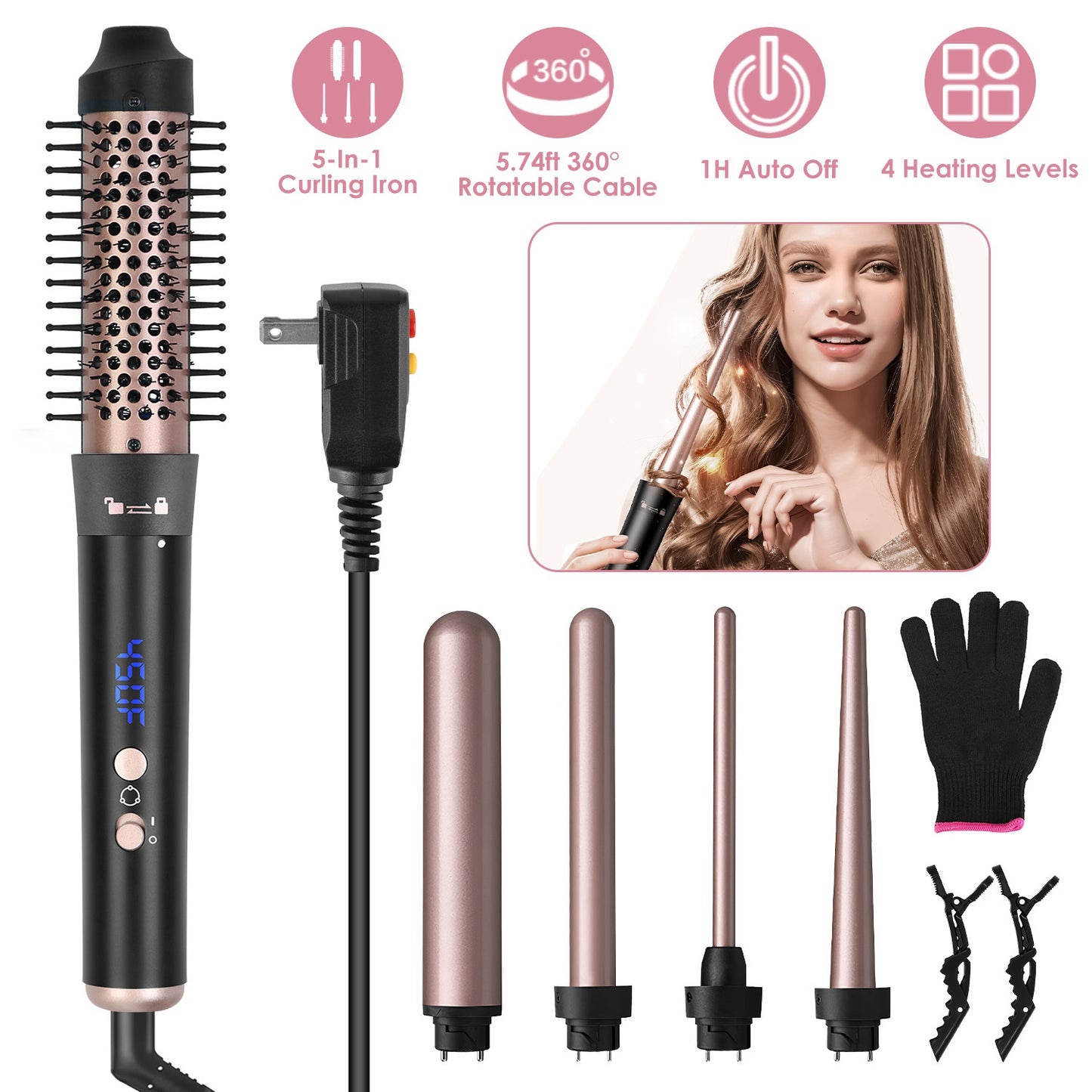 5-in-1 Curling Wand & Thermal Hair Brush – 4 Heat Levels, 360° Rotating, Anti-Tangle