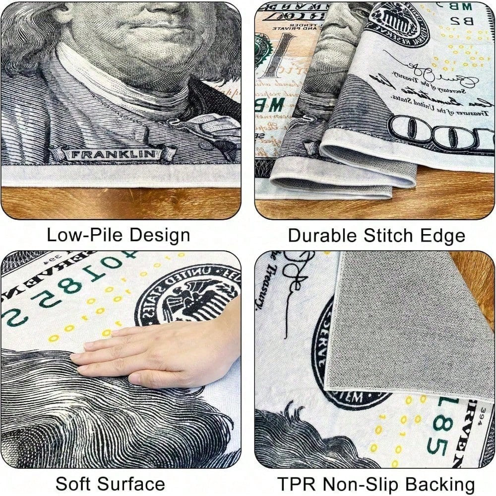 $100 Design Area Rug – Currency-Inspired Non-Slip Carpet for Living Room & Entryway
