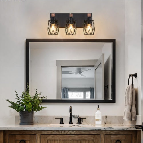 18-Inch Industrial 3-Light Wall Sconce Black Cage Wooden Accents
