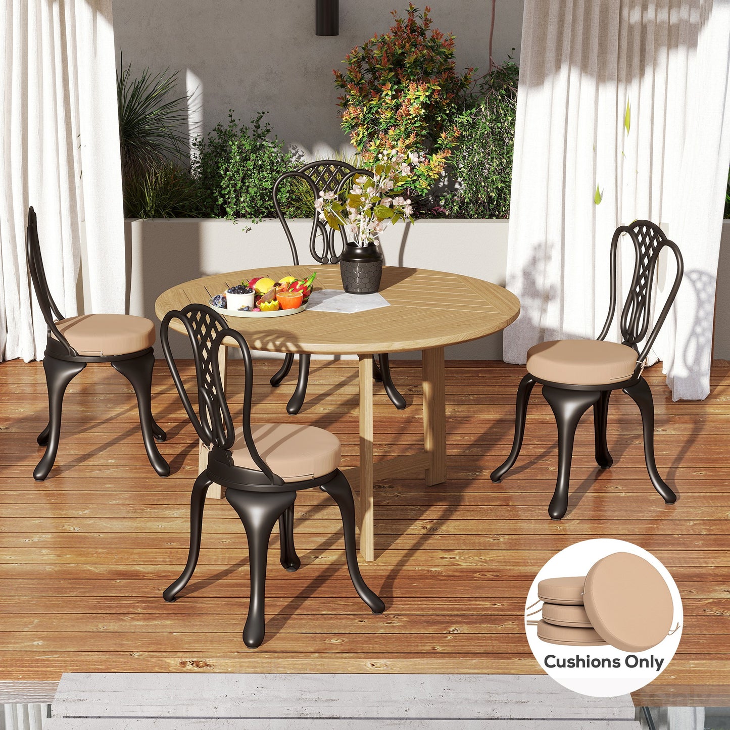4-Pack Round Patio Chair Cushions – 15x15x3in Machine Washable Seat Pads, Khaki