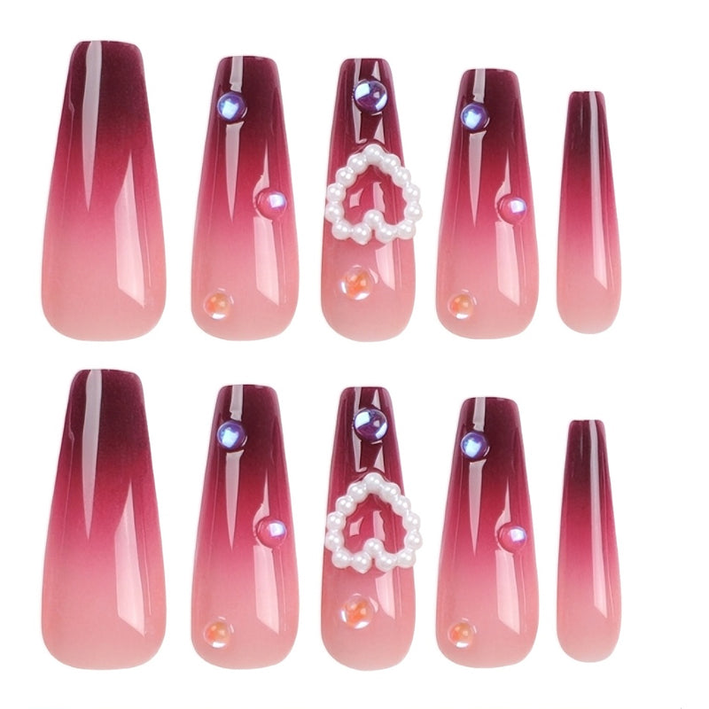24PCS Red Heart Square Long False Nail Tips – Long Water Pipe Style Nail Art