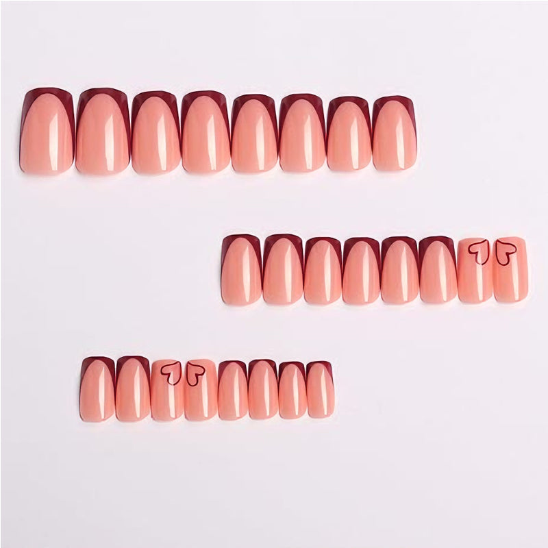 24PCS Valentine’s Day Press-On Nails – French Tip Medium Square Wine Red Heart Fake Nails, Natural Fit Gel Acrylic Glue-On Set