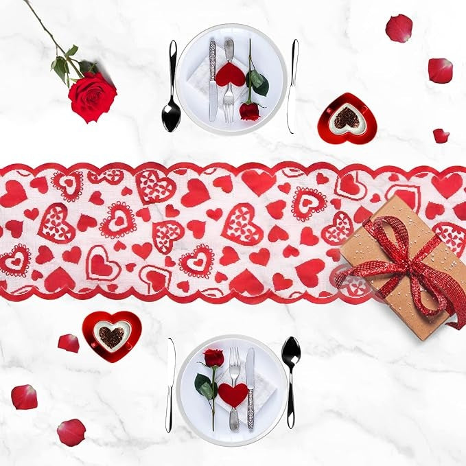 Valentine’s Day Lace Heart Table Runner – 13x72in Wedding & Party Decoration