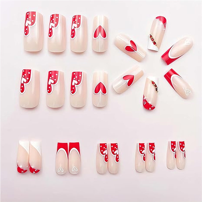24PCS Red & White Heart Long Square False Nail Tips – Full Cover Acrylic/Fake Nails