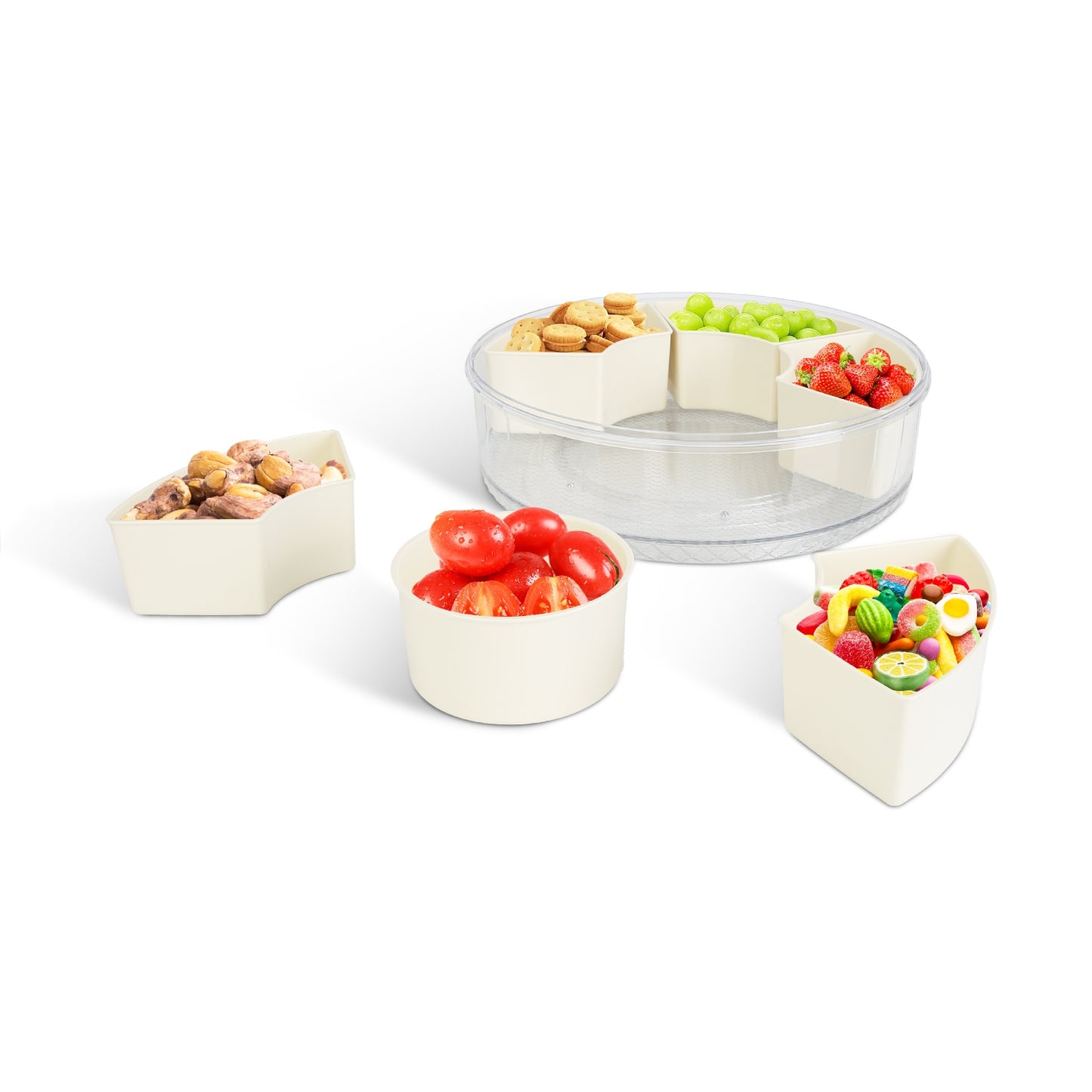 2PCS Rotating Divided Serving Tray with Lid & Handle – 6-Compartment Snack Box