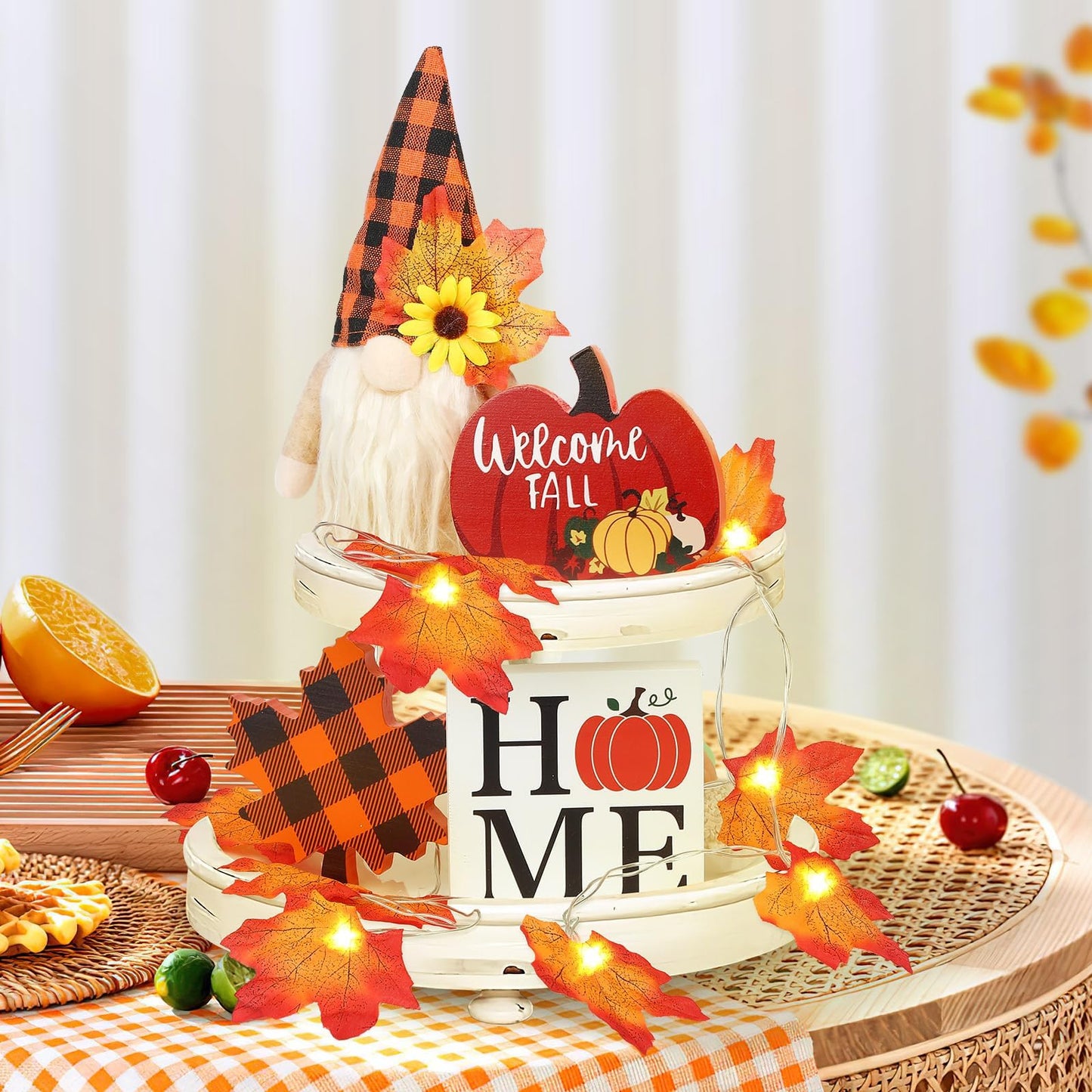 Fall Gnome Tiered Tray Set with Pumpkin & Maple Leaf Decor