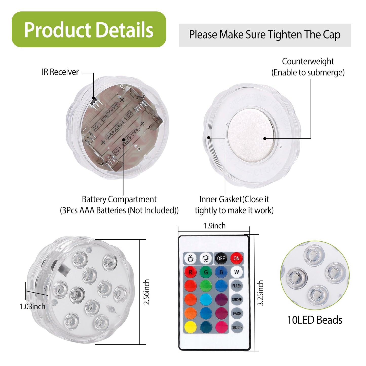 4Pcs RGB Waterproof Submersible Pool Lights With Remote