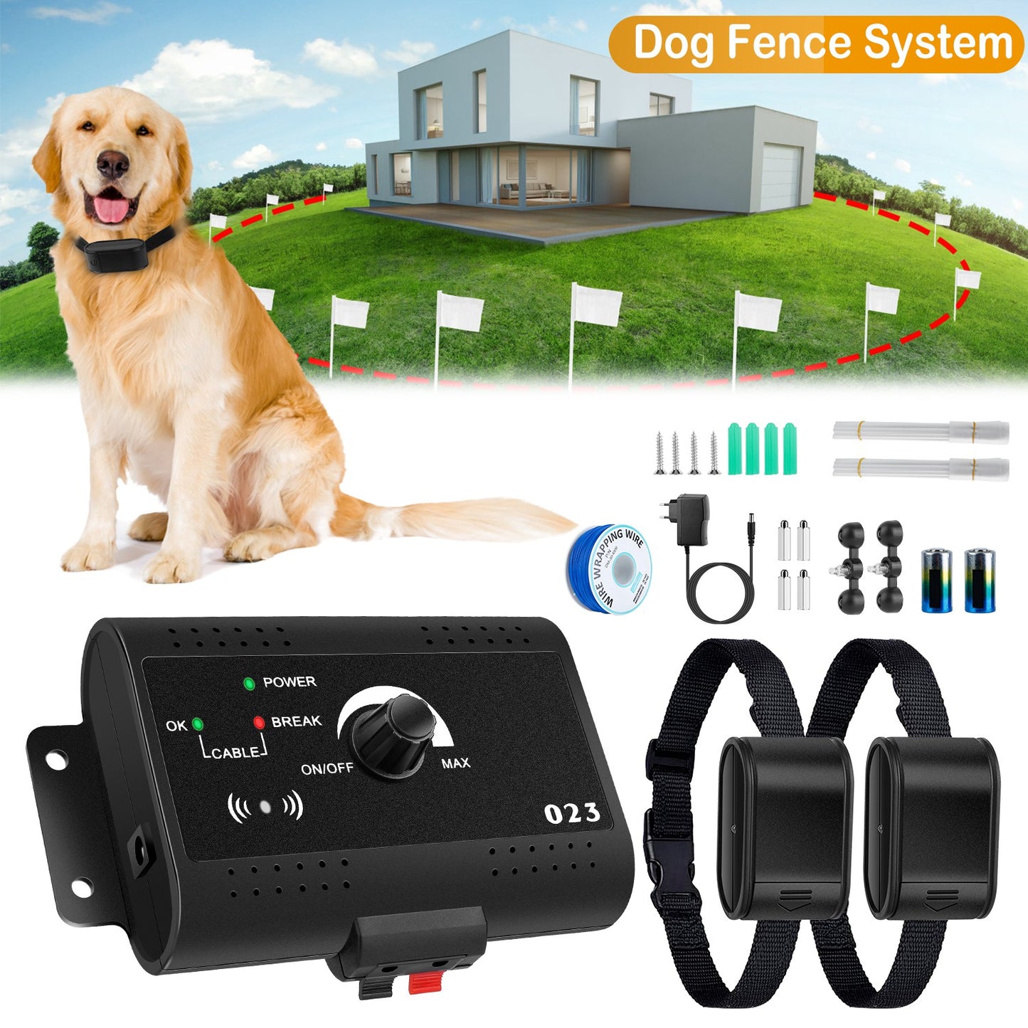 Pet Boundary Containment Kit Electric Dog Fence with Water-Resistant Receiver Collar Tone & Shock Training for All Dog Sizes
