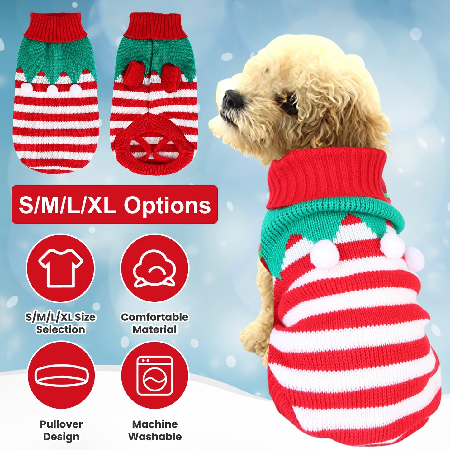 Pet Christmas Turtleneck Sweater – 2 Patterns, 4 Sizes for Dogs & Cats | Snowman & Stripes Holiday Costume