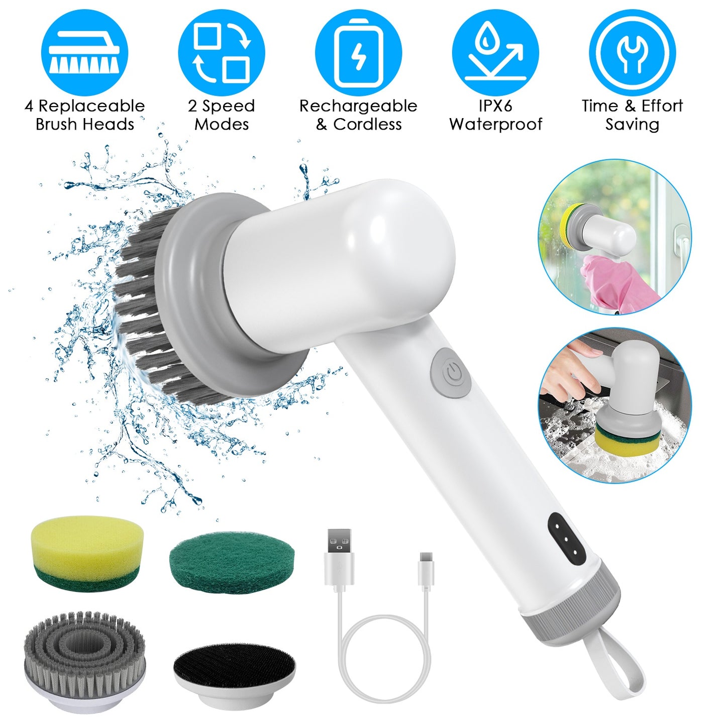 Cordless Electric Spin Scrubber Rechargeable Cleaning Brush Set