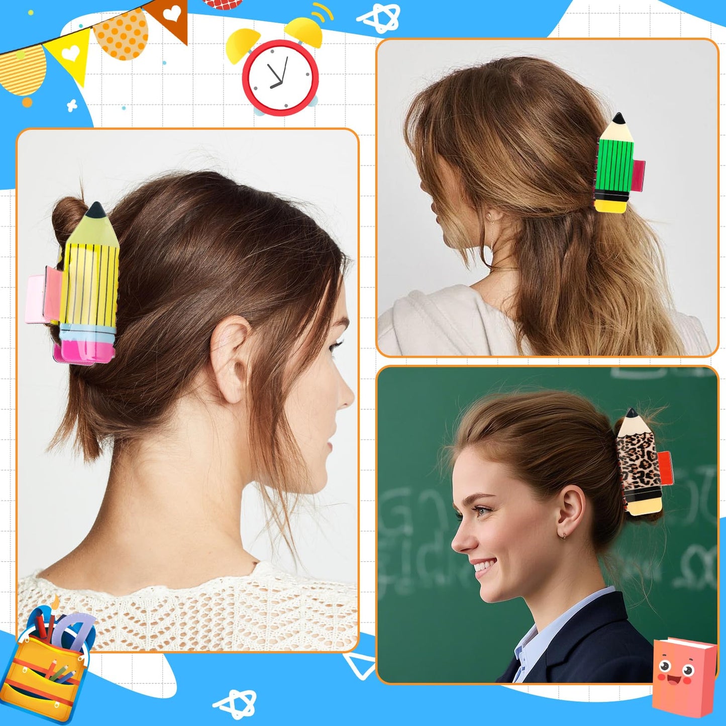 4Pcs Pencil Hair Clips – Sunflower, Leopard & Stripe Non-Slip Hairpins