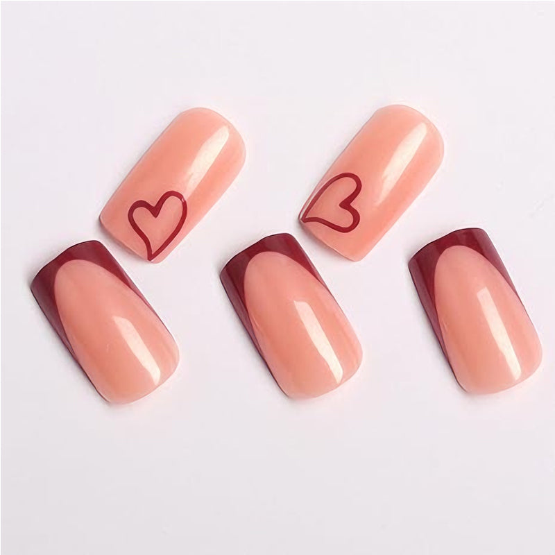 24PCS Valentine’s Day Press-On Nails – French Tip Medium Square Wine Red Heart Fake Nails, Natural Fit Gel Acrylic Glue-On Set