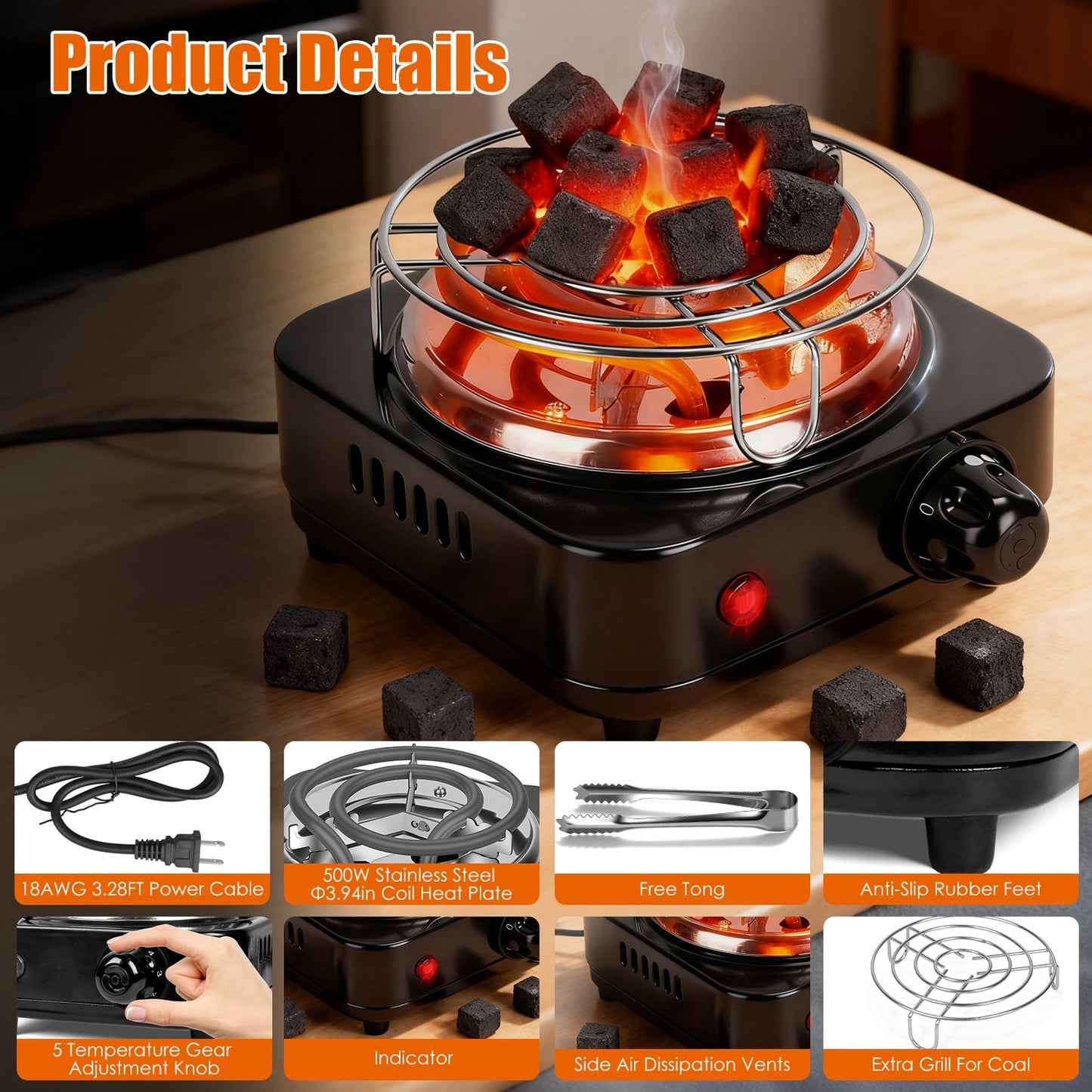 500W Electric Charcoal Burner for Hookah – 5-Level Thermostat with Grill & Tongs