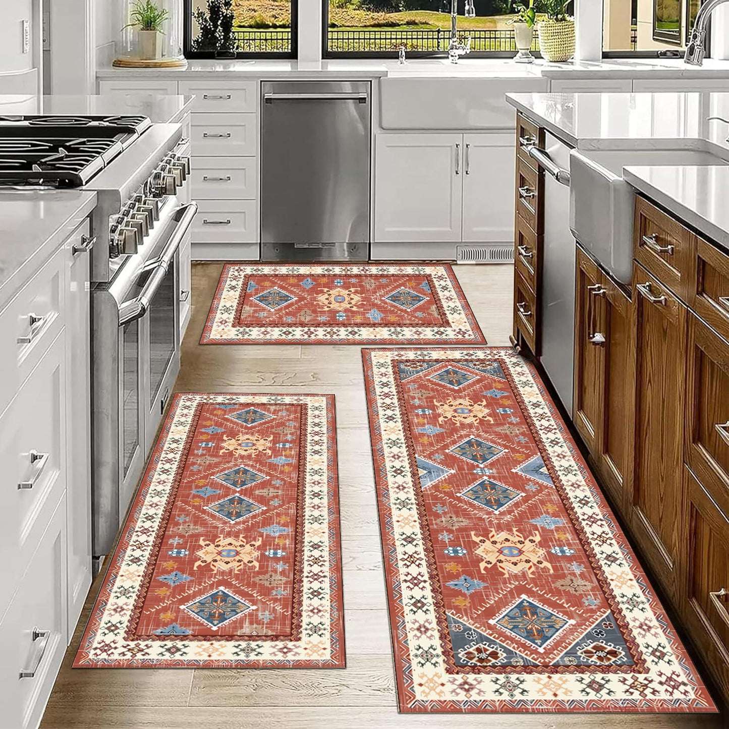 Boho 3-Piece Kitchen Rug Set – Thick Non-Slip Washable Runner Mats for Kitchen, Hallway & Laundry Room