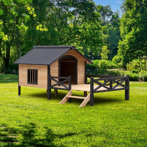 Large Outdoor Wooden Dog Kennel with Porch – Cabin-Style Weatherproof Dog House
