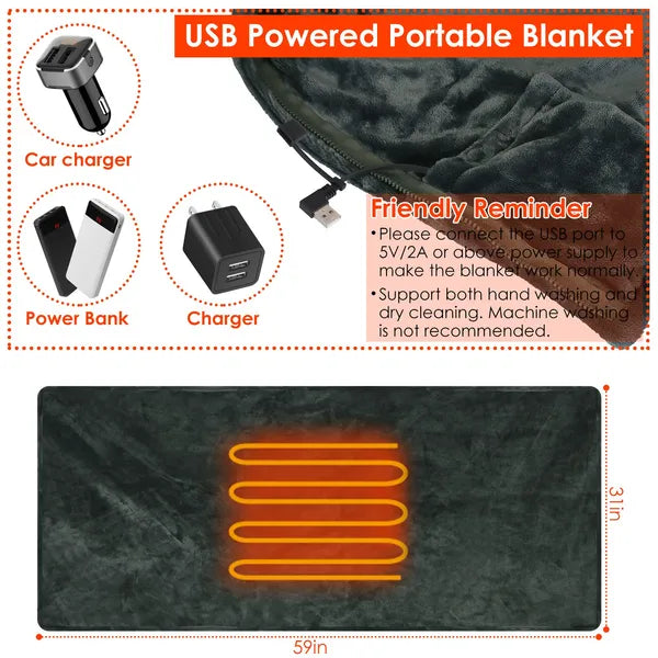 USB Electric Heated Blanket – Poncho Shawl Wrap Throw 59x31in, Washable with Zipper