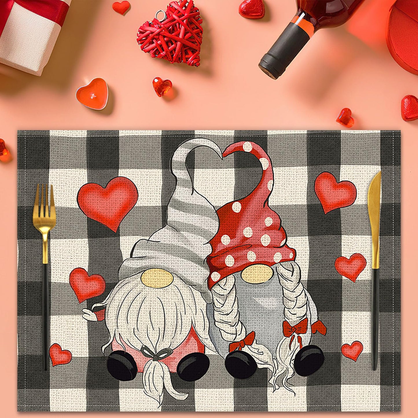 Valentine’s Day Placemats Set of 4 – Gnomes & Hearts Holiday Table Decor