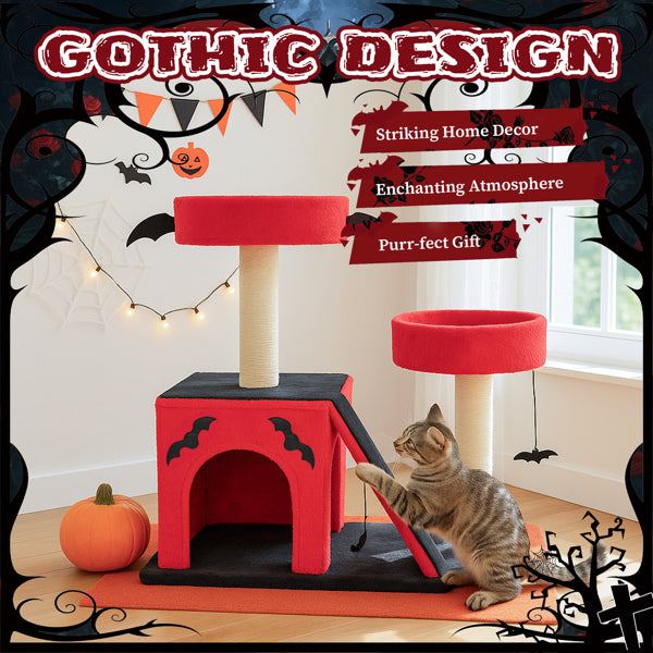 Halloween Cat Tree for Large Cats – Gothic Cat Tower with Condo, Perches, Scratching Posts & Ladder (Red & Black)