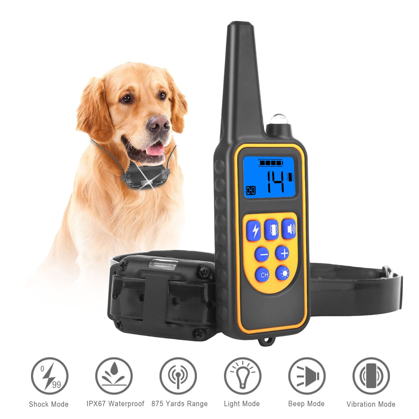 Remote Dog Training Collar IP67 Waterproof Rechargeable Pet Trainer 875 Yard Long Range 4 Modes Adjustable Levels 300mAh Battery