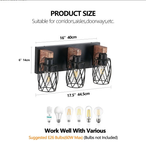 18-Inch Industrial 3-Light Wall Sconce Black Cage Wooden Accents
