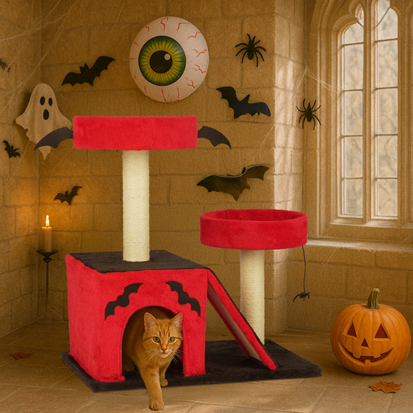 Halloween Cat Tree for Large Cats – Gothic Cat Tower with Condo, Perches, Scratching Posts & Ladder (Red & Black)