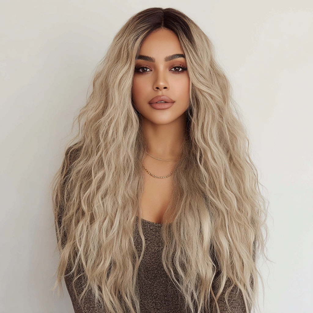 Gray Ombre Wavy Curly Lace Front Wig – European & American Style T-Shaped SM9017 for Women