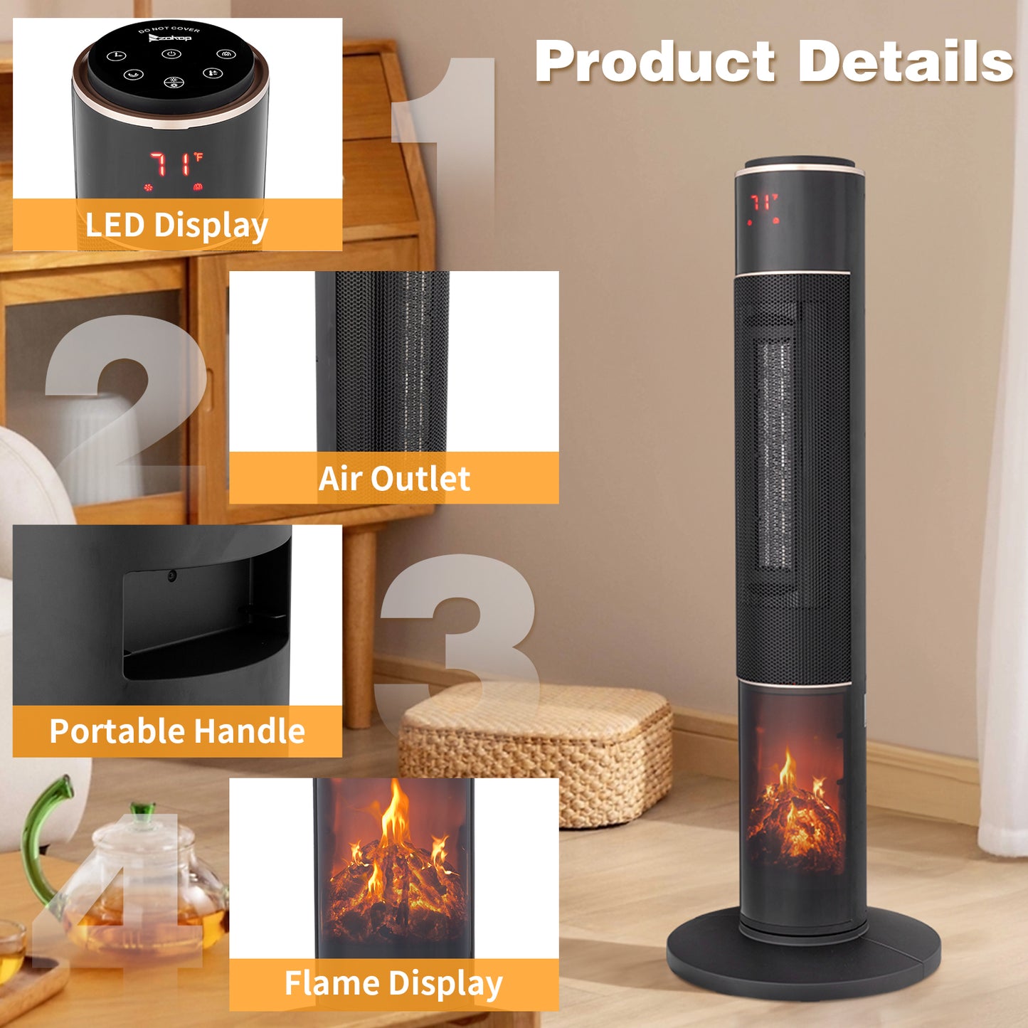 33-Inch Tower Space Heater 1500W 3D Flame Oscillating Portable