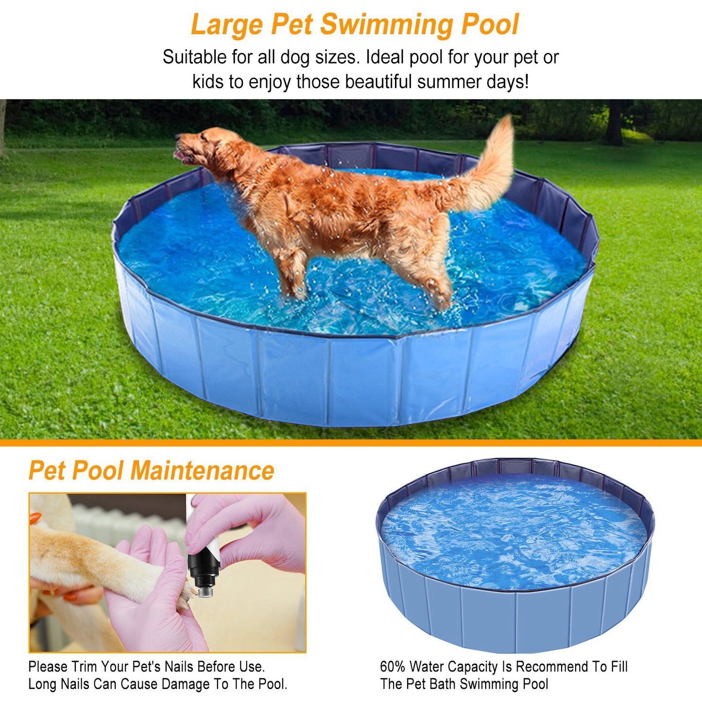 Foldable Pet Swimming Pool – 63"x63"x11.8" PVC Dog & Cat Bathing Tub, Outdoor/Indoor Play Pool