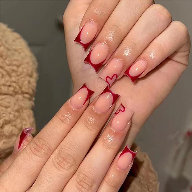 24PCS Valentine’s Day Press-On Nails – French Tip Medium Square Wine Red Heart Fake Nails, Natural Fit Gel Acrylic Glue-On Set