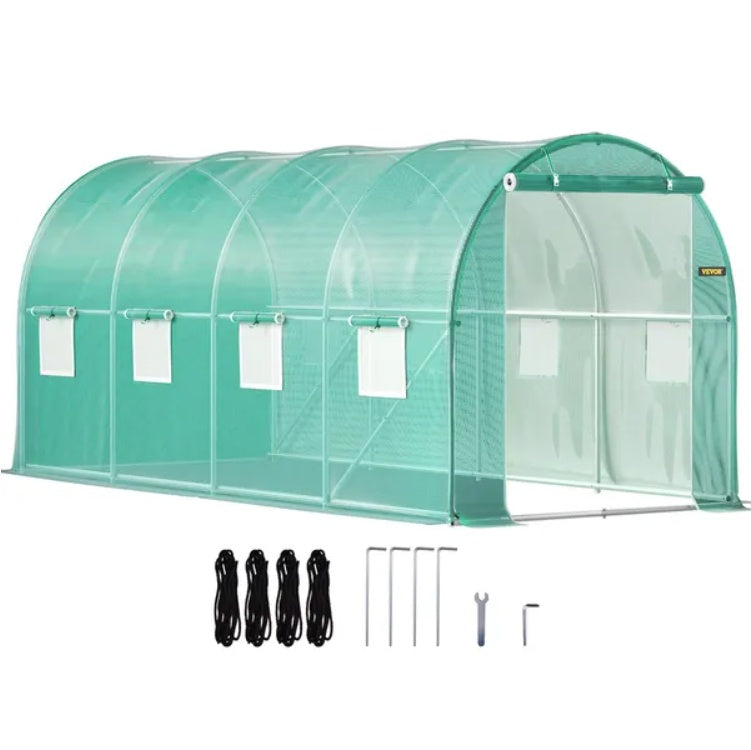 VEVOR 14.8×6.6×6.6 ft Walk-In Tunnel Greenhouse | Heavy-Duty Portable Plant Greenhouse with Galvanized Steel Frame, Roll-Up Windows & Zippered Door