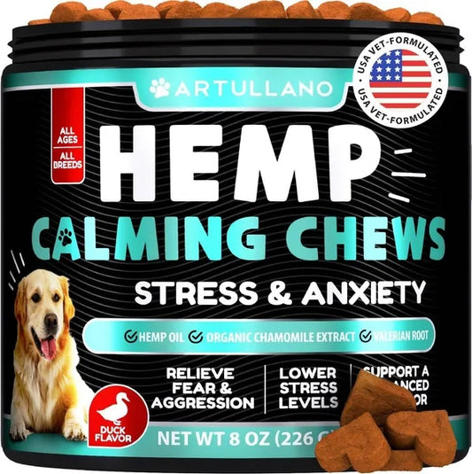 Hemp Calming Chews for Dogs – Anxiety Relief & Joint Support with Hemp Oil, Turmeric, Valerian & Ginger – 120 Soft Treats