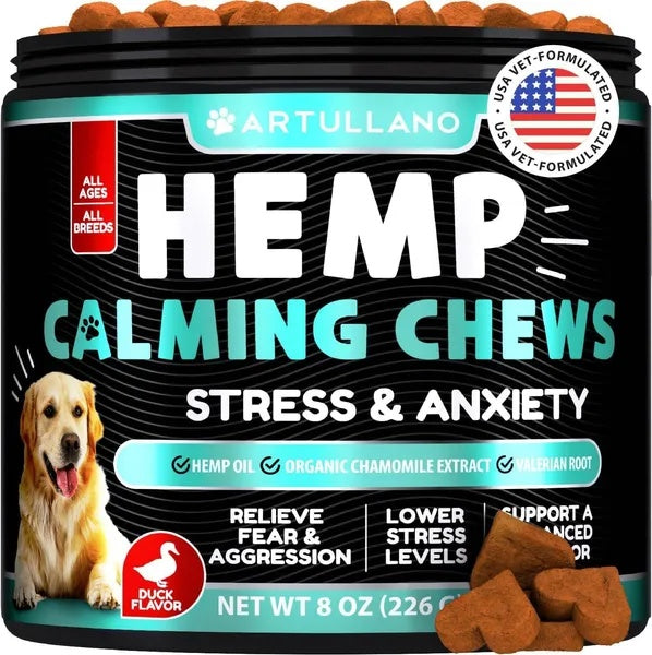 Hemp Calming Chews for Dogs – Anxiety Relief & Joint Support with Hemp Oil, Turmeric, Valerian & Ginger – 120 Soft Treats