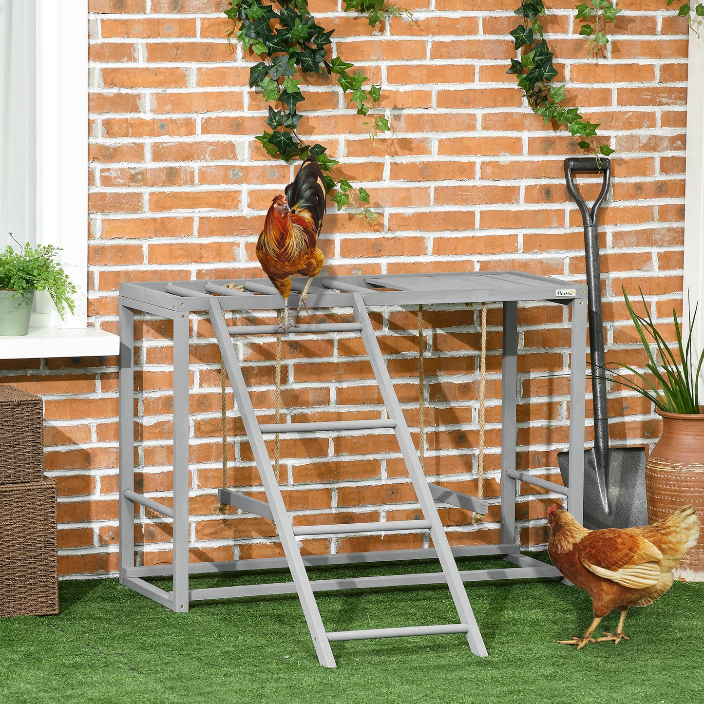 "Wooden Chicken Activity Playset – Swing Set, Perches & Hen Ladder for 3-4 Birds – Grey Coop Accessory"