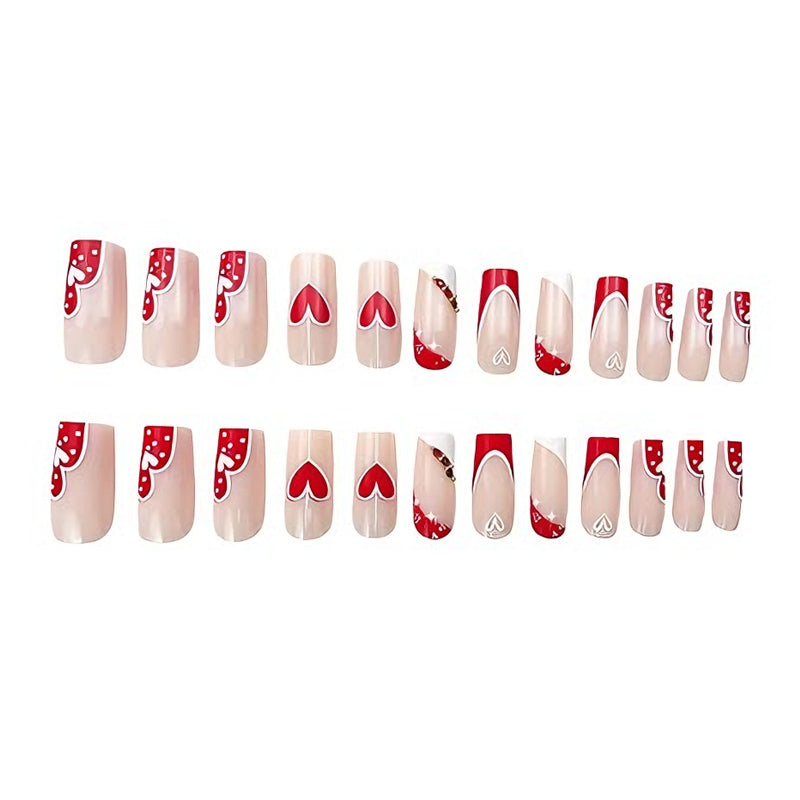 24PCS Red & White Heart Long Square False Nail Tips – Full Cover Acrylic/Fake Nails