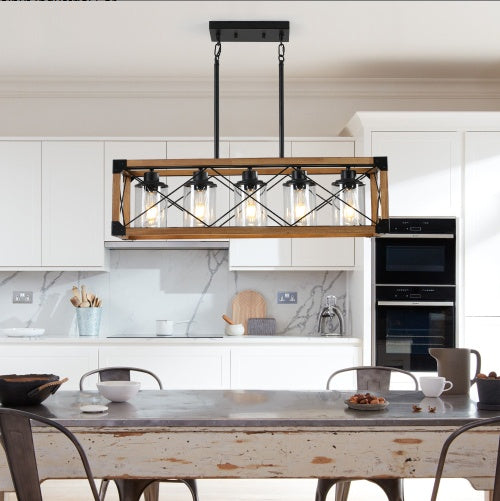 32-Inch Walnut Industrial Farmhouse 5-Light Rectangle Pendant