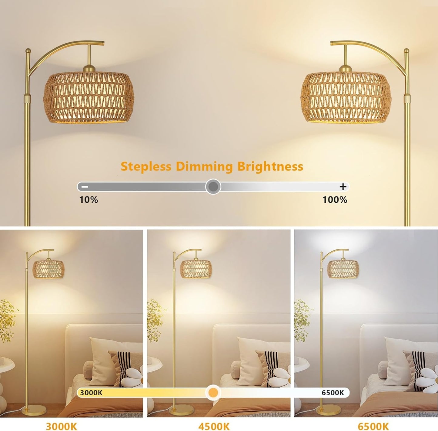 LED Gold Floor Lamp 3 Color Temperatures Remote Dimmable