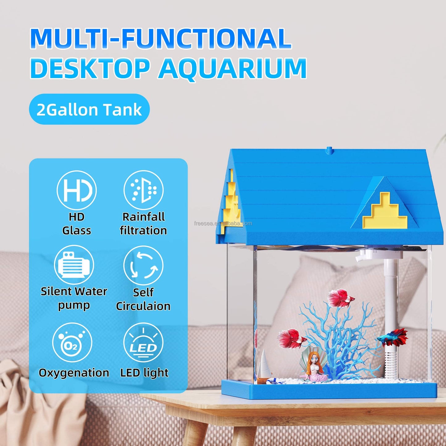 .FREESEA 2-Gallon Acrylic Fish Tank with LED Light & Filter – Fresh-Keeping Aquarium for Shrimp, Jellyfish & Goldfish