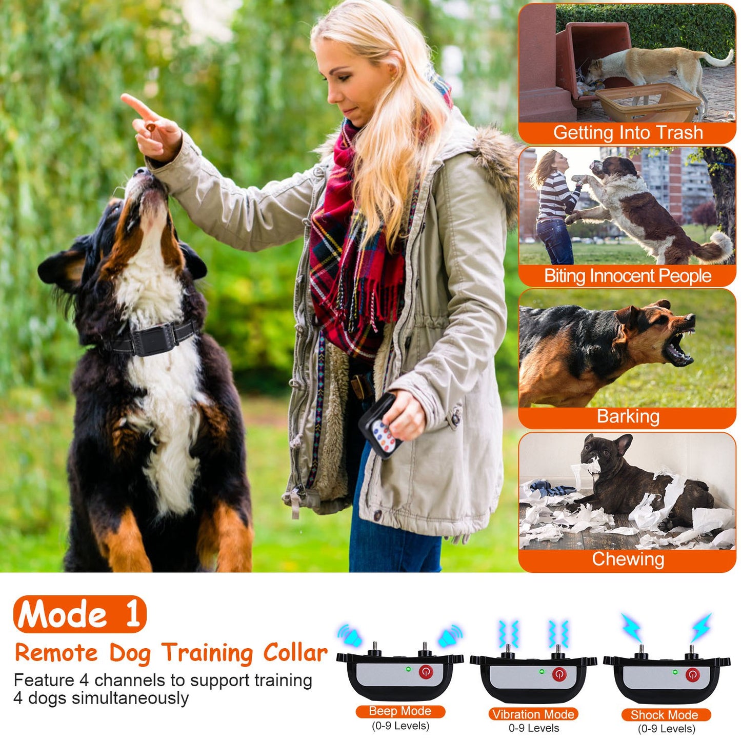 “Wireless Dog Fence Training Collar – 990FT Range, IPX6 Waterproof, Remote with Beep, Vibration & Shock Modes, 0-9 Levels, 4 Channels, Rechargeable”