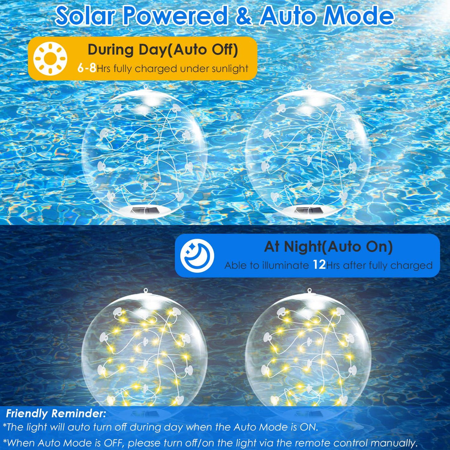 2Pcs 14in Solar Floating Pool Lights IP68 Waterproof With Remote