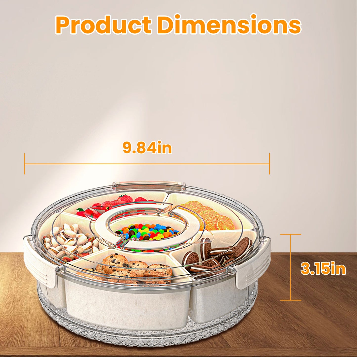 2PCS Rotating Divided Serving Tray with Lid & Handle – 6-Compartment Snack Box
