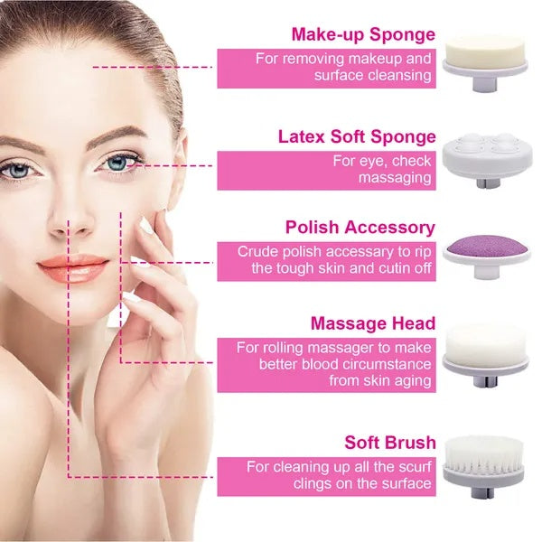 Waterproof Facial Cleansing Spin Brush with 5 Interchangeable Heads – Deep Pore Face Scrubber for Women