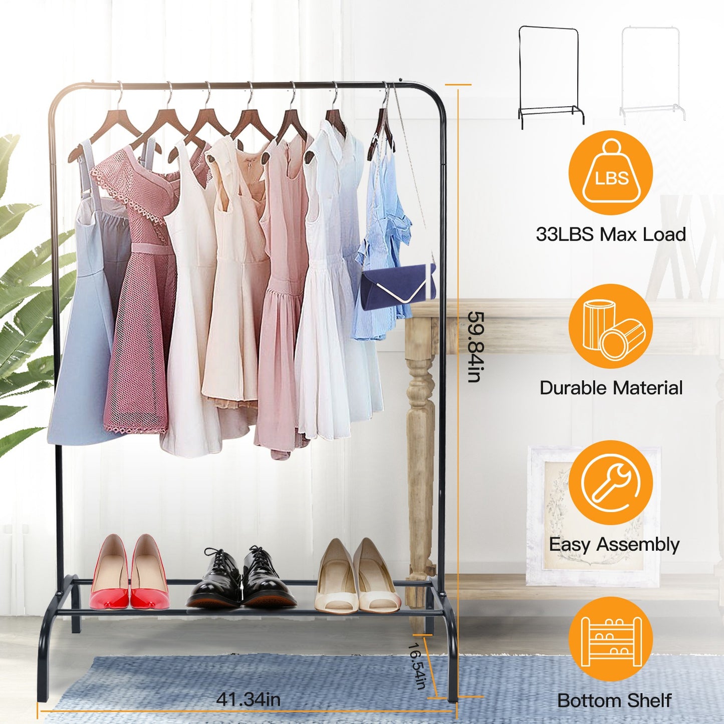 Freestanding Garment Rack with Bottom Shelf – 33lbs Heavy Duty Clothing Rack Organizer