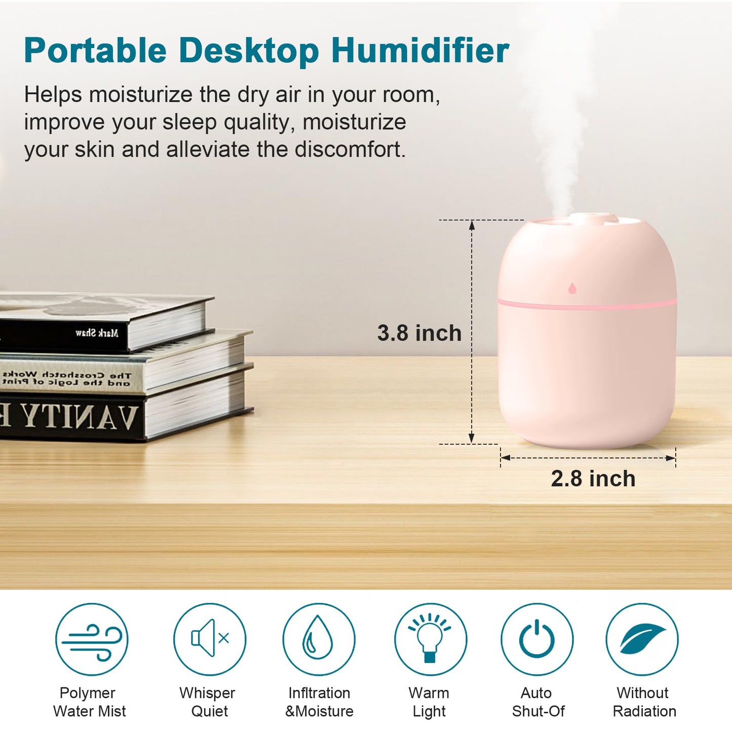 Portable Mini Cool Mist Humidifier 220ml USB Desktop