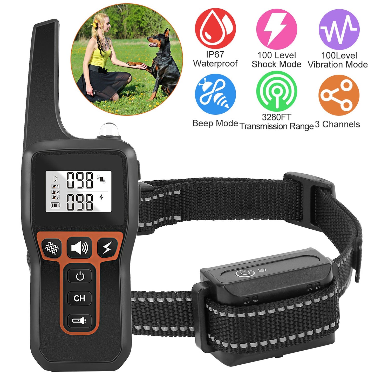 3280FT Dog Training Collar IP67 Waterproof Rechargeable Pet Trainer Beep, Vibration & Shock 3 Channels with Flashlight – Collar or Receiver Only