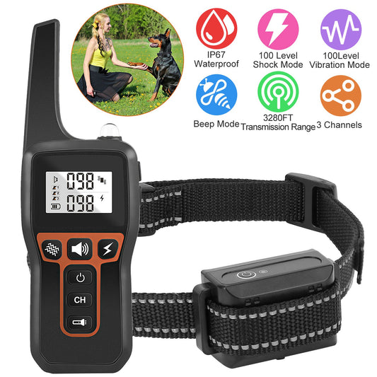 3280FT Dog Training Collar IP67 Waterproof Rechargeable Pet Trainer Beep, Vibration & Shock 3 Channels with Flashlight – Collar or Receiver Only