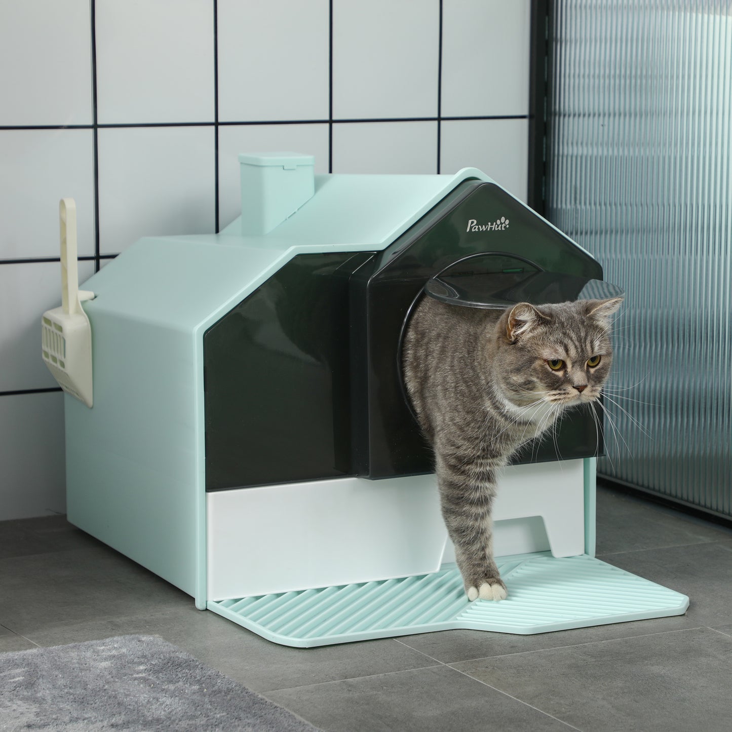 Hooded Cat Litter Box with Litter Mat – Particle Catching Design, Light Blue